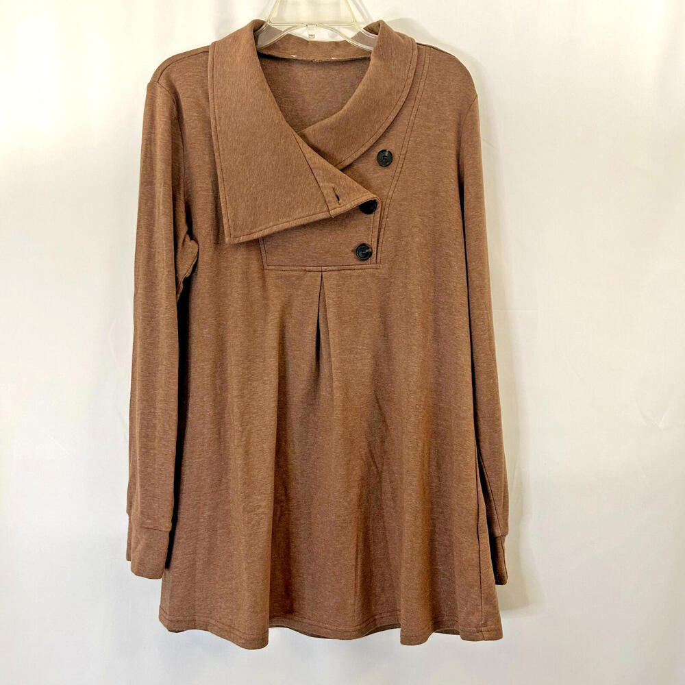 Timeson Tunic Sweatshirt Women's Size Large Brown Long Sleeve Button Lapel